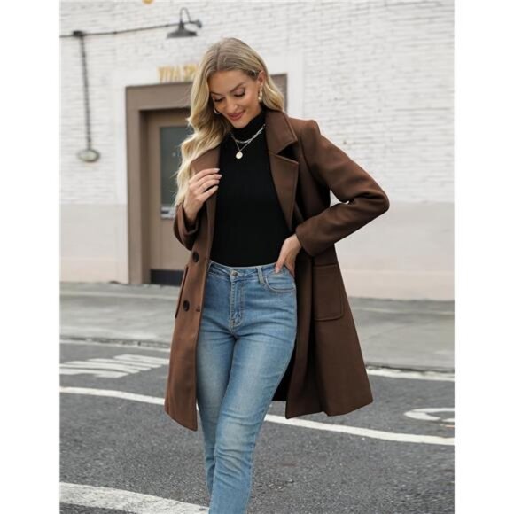 Women Mid-Long Coat Notch Double-Breasted Coffee - Picture 4 of 6